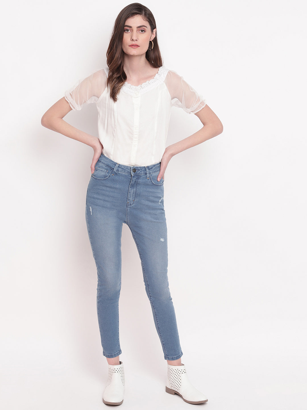 Women Mid Blue High Waist Slim Fit Denim Jeans