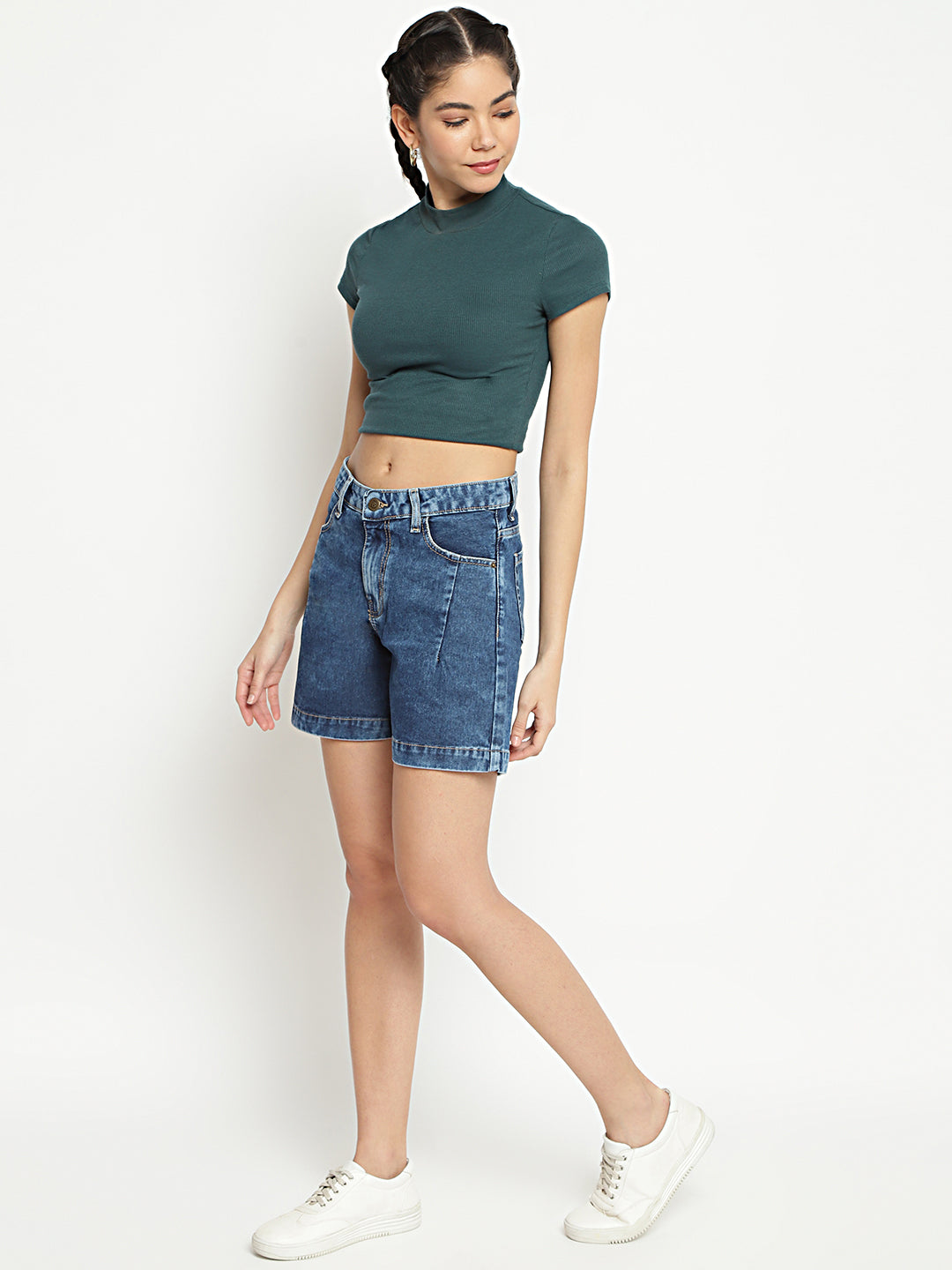 Women High Waist Mid Blue Mom Fit Denim Shorts