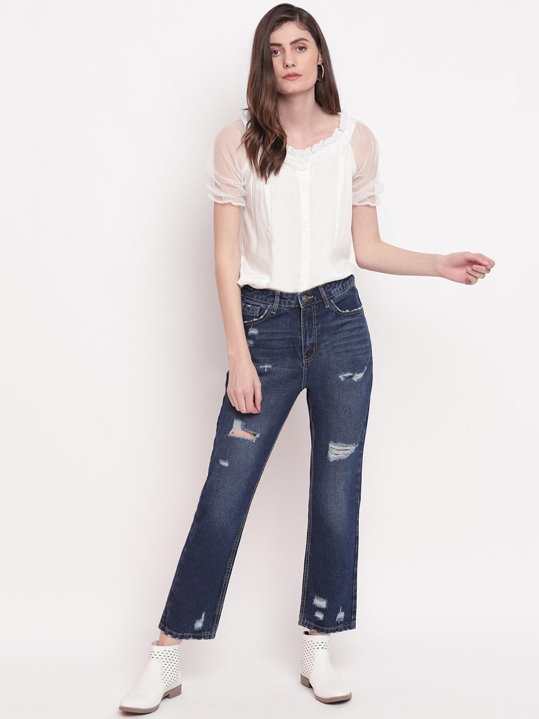 Women Mid Blue Distressed Mom Fit Denim Jeans