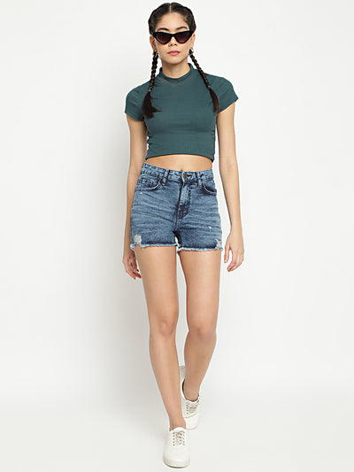 Women High Waist Mid Blue Whiskered Denim Shorts