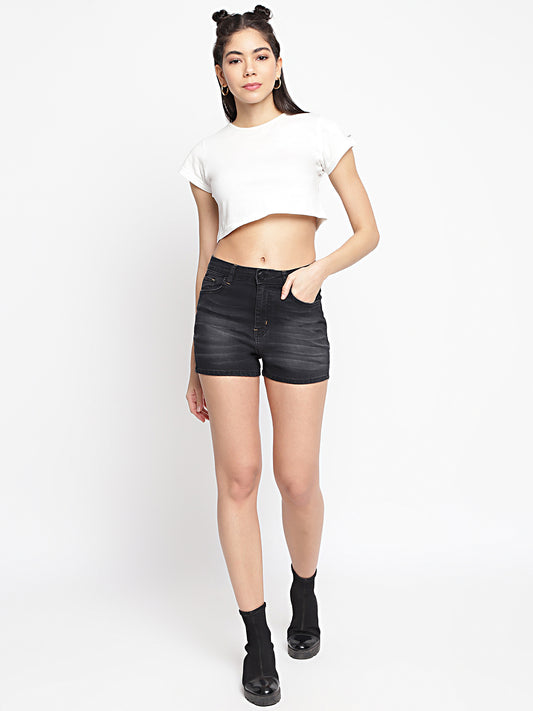 Women High Waist Black Basic Denim Shorts