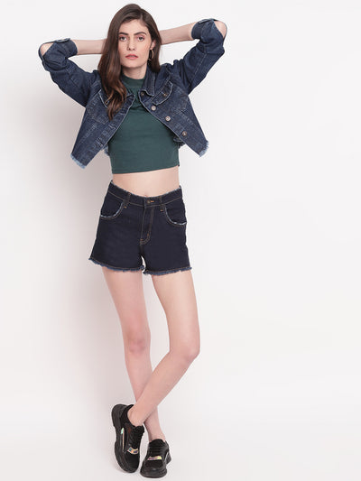 Women Cropped Dark Blue Denim Jacket With Frey Hem