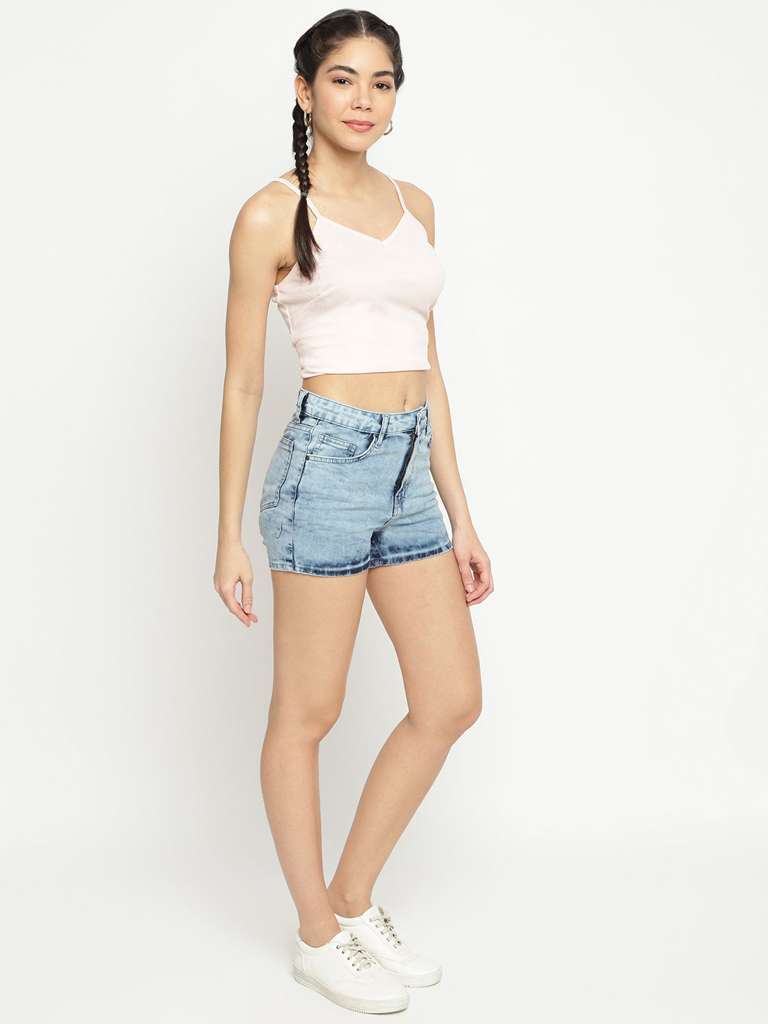Women High Waist Mid Blue Smoky Denim Shorts