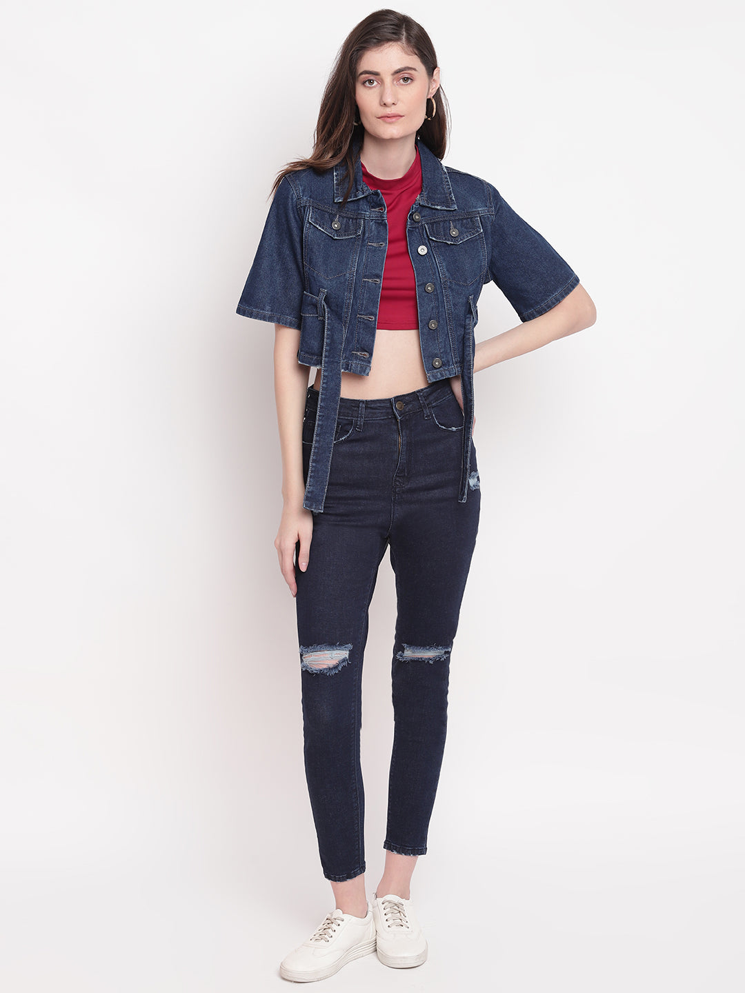 Women Dark Blue Cropped Denim Jacket With Belt