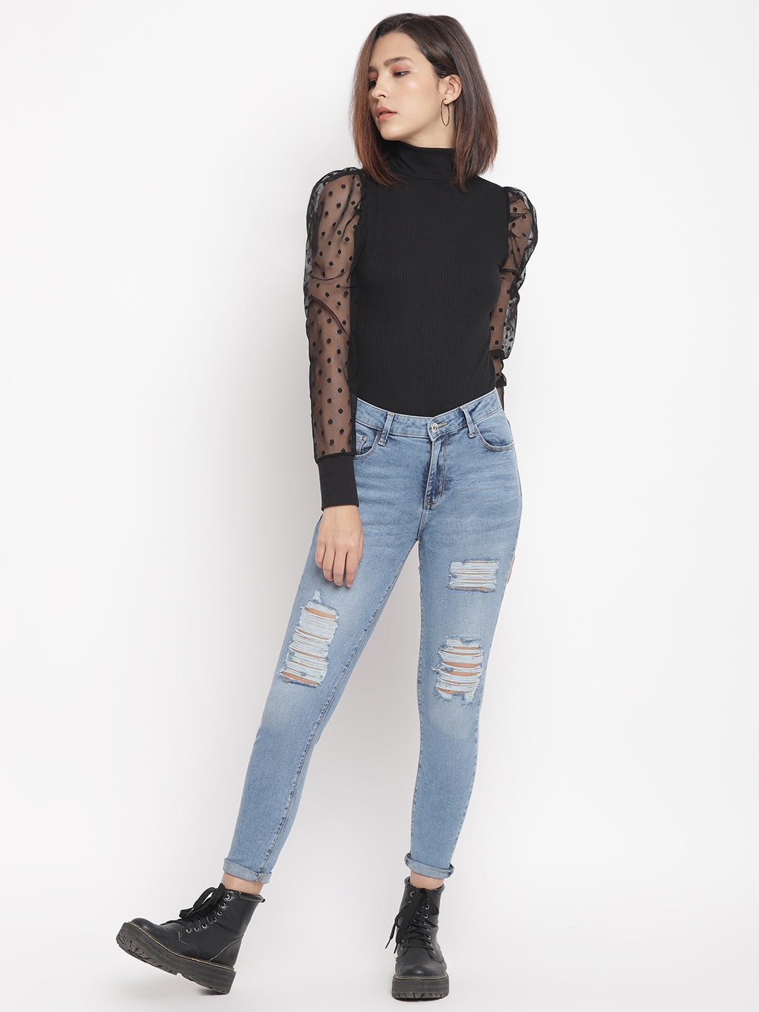 Women Mid Waist Mid Blue Distressed Slim Fit Denim Jeans