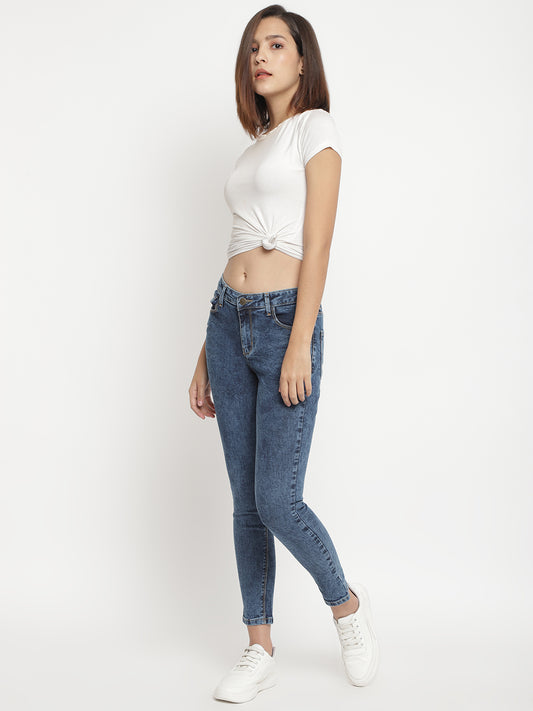 Women Mid Waist Light Blue Slim Fit Denim Jeans