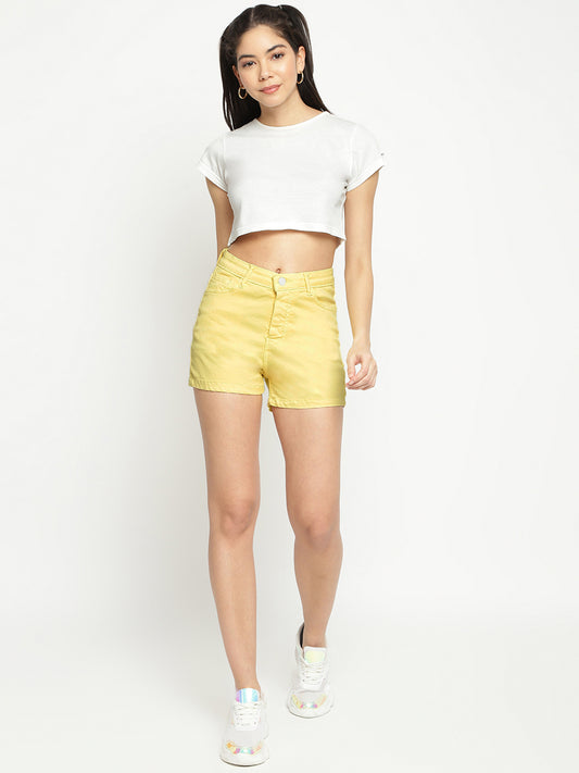 Women High Waist Yellow Denim Shorts 