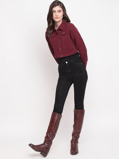 Women Maroon Cropped Denim Jacket