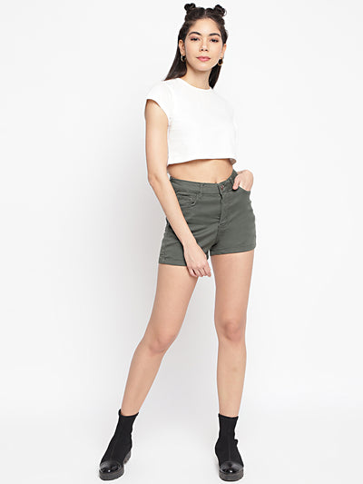 Women High Waist Olive Denim Shorts