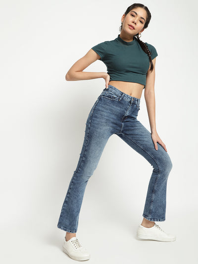 Women High Waist Mid Blue Boot-Cut Fit Denim Jeans