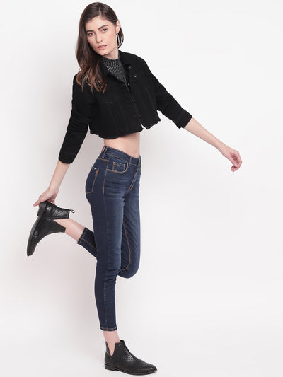 Women Cropped Black Denim Jacket With Frey Hem