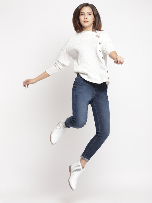 Women High Waist Dark Blue Whisker Slim Fit Denim Jeans