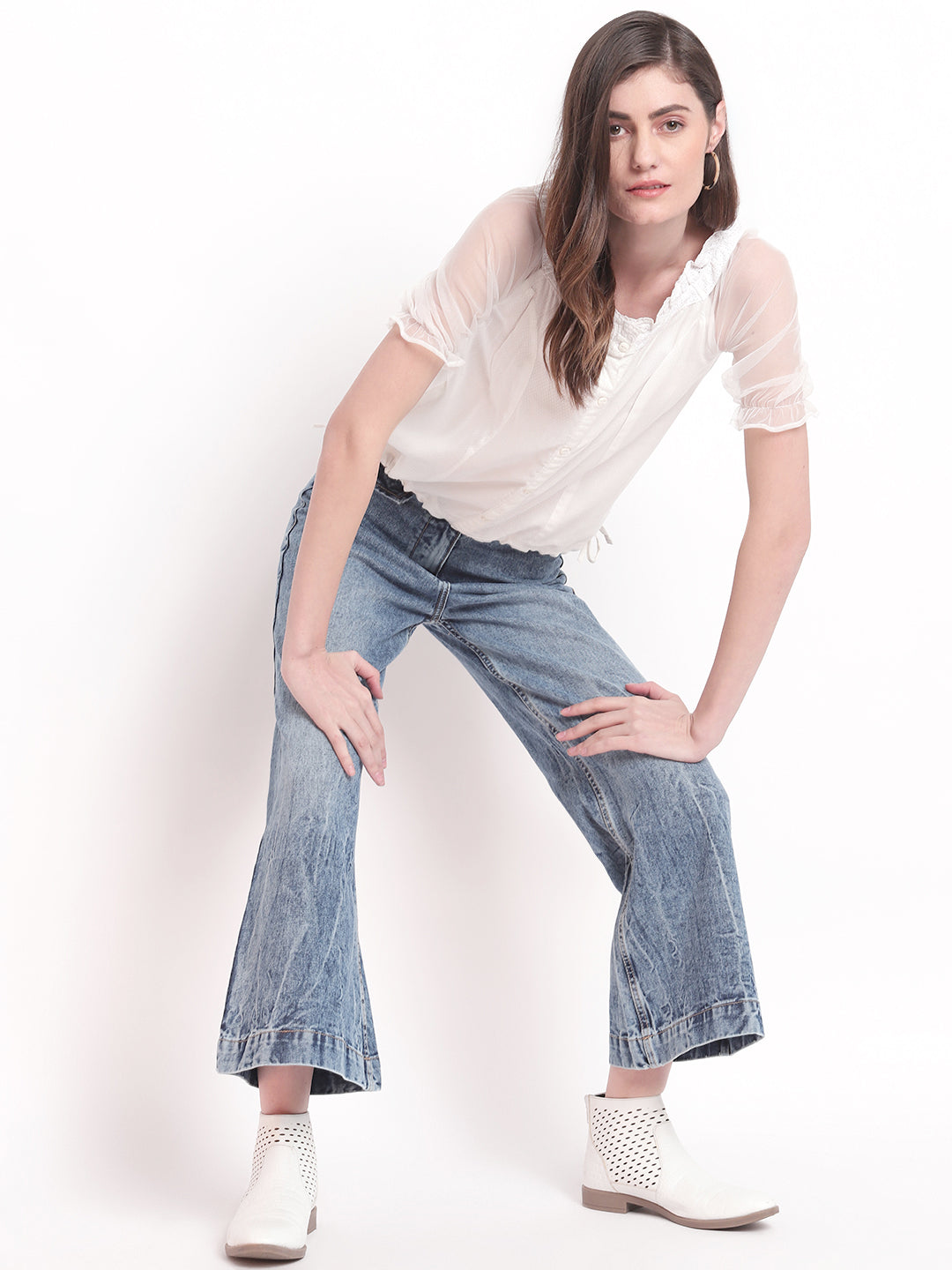 Women Mid-Blue Cropped High Waist Flared Denim Jeans