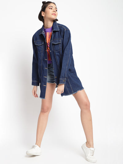 Women Dark Blue Long Denim Jacket With Frey Hem