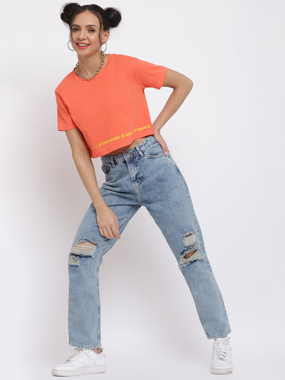 Women Orange Typography Printed Crop Top