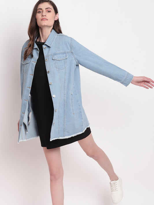 Women Light Blue Long Denim Jacket