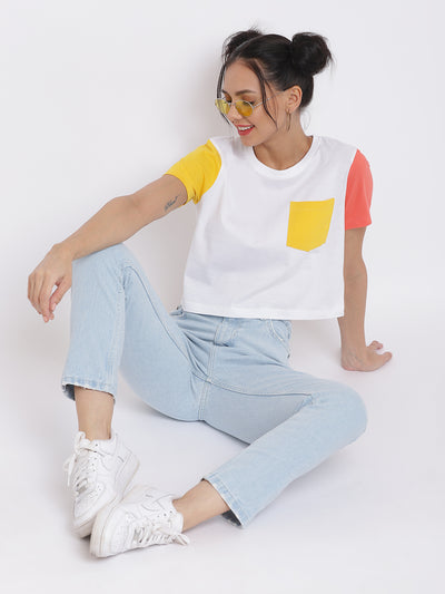 Women White Patch Pocket Crop T-shirt