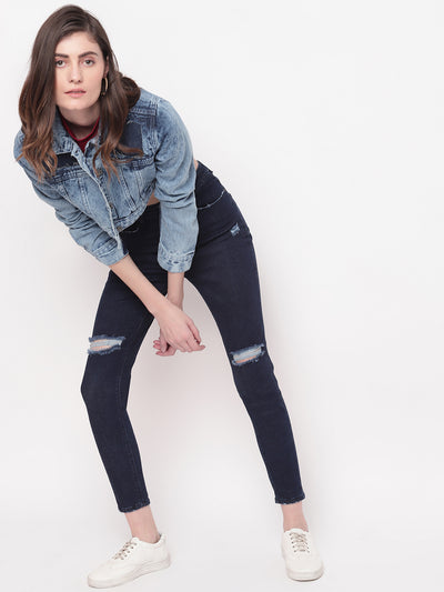 Women Mid Blue Cropped Patched Denim Jacket