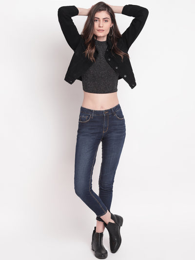 Women Black Cropped Denim Jacket