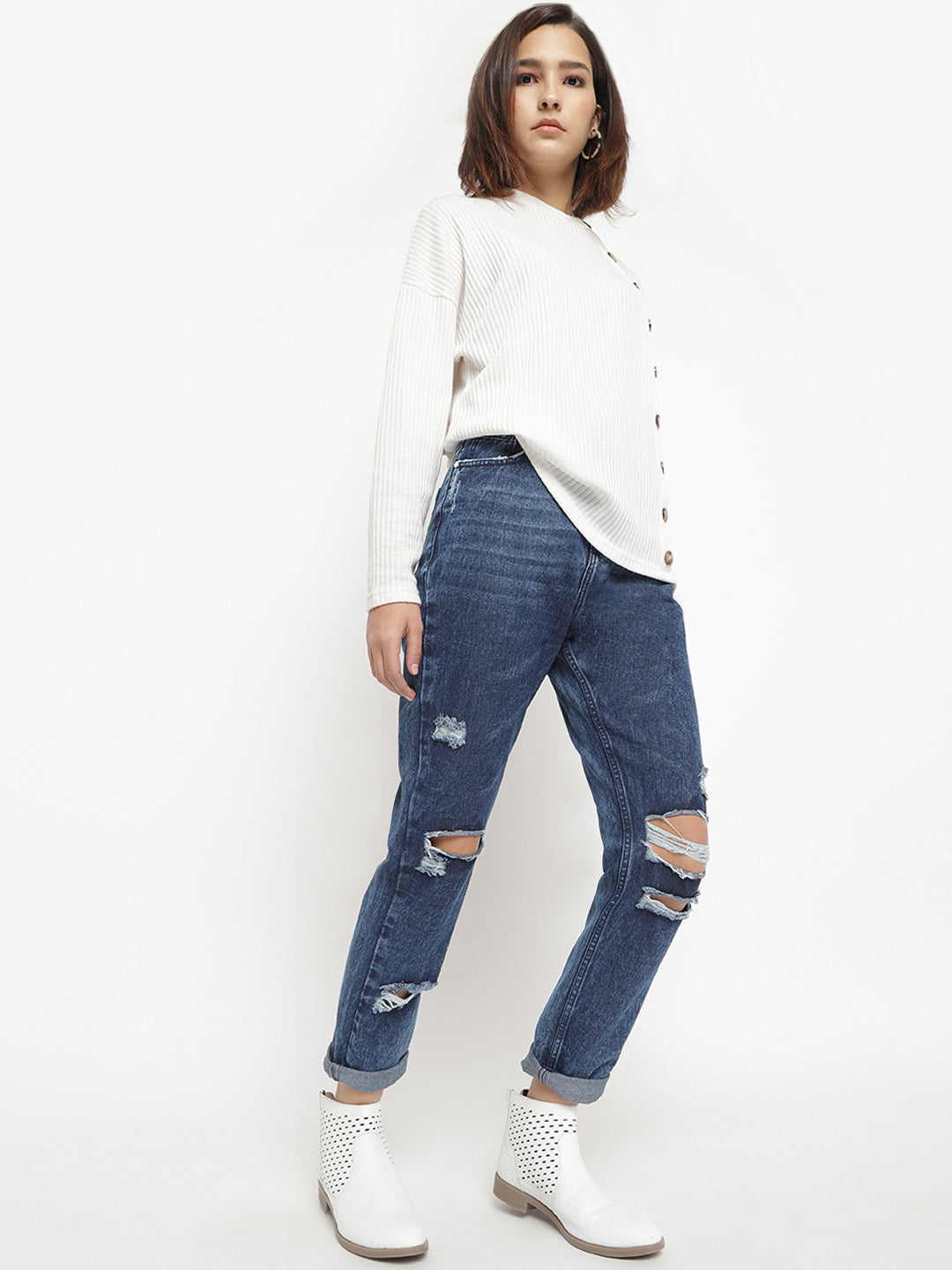 Women Dark Blue Distressed Boyfriend Fit Denim Jeans