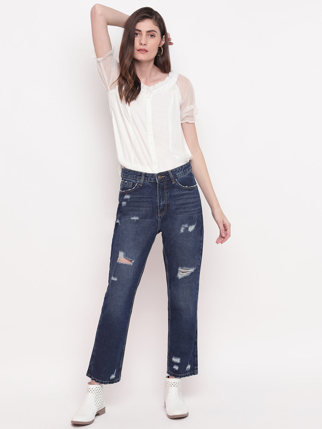 Women Mid Blue Distressed Mom Fit Denim Jeans