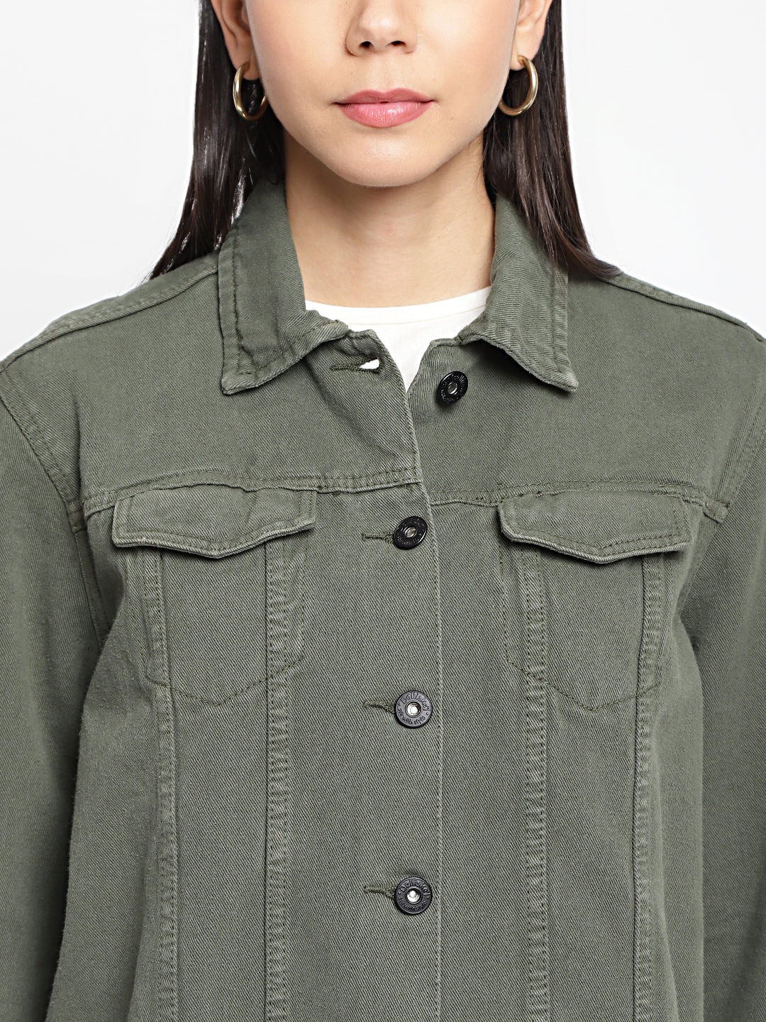 Women Olive Long Denim Jacket With Frey Hem