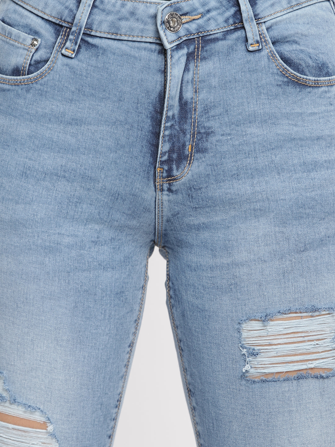 Women Mid Waist Mid Blue Distressed Slim Fit Denim Jeans