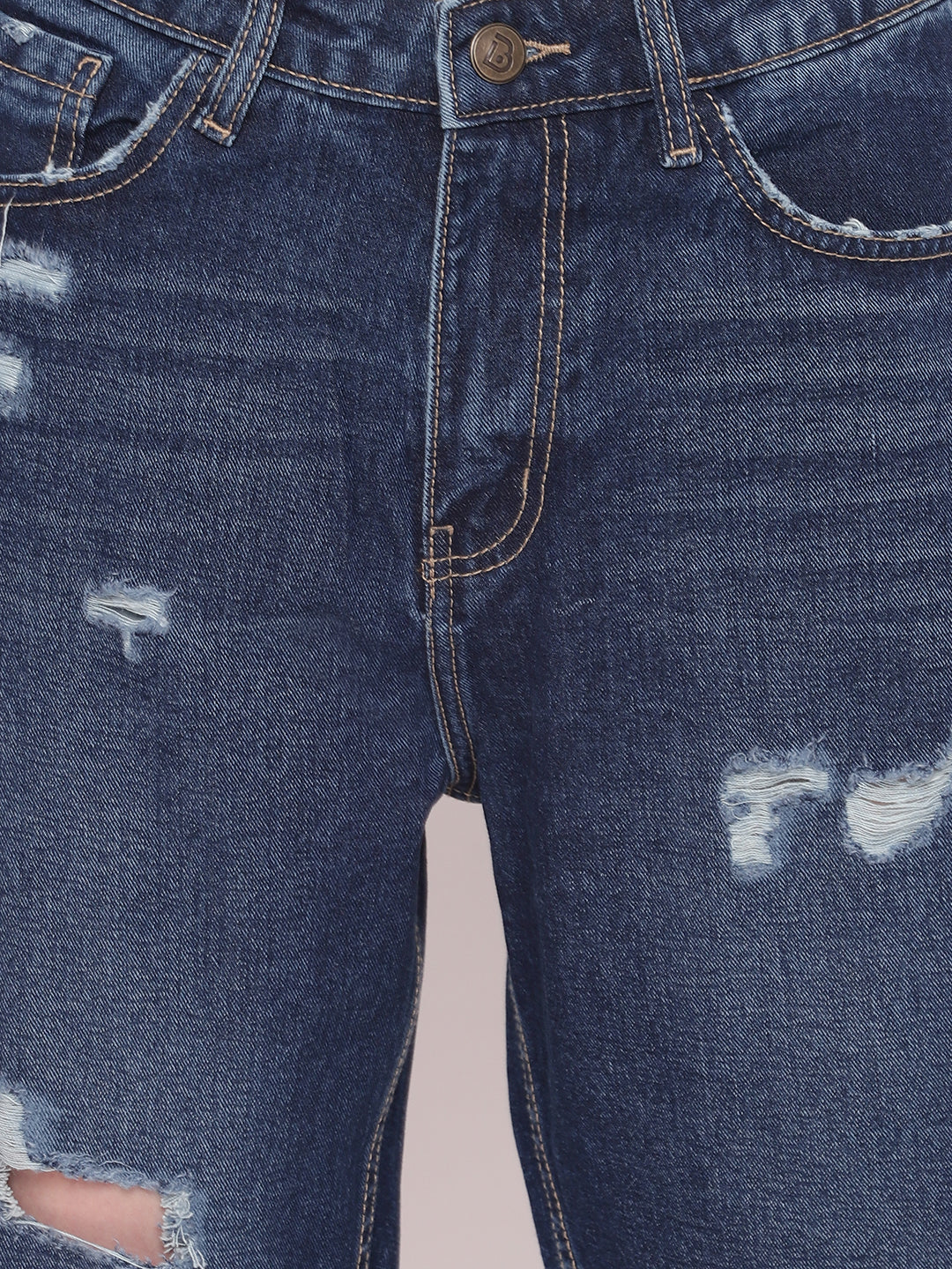 Women Mid Blue Distressed Mom Fit Denim Jeans