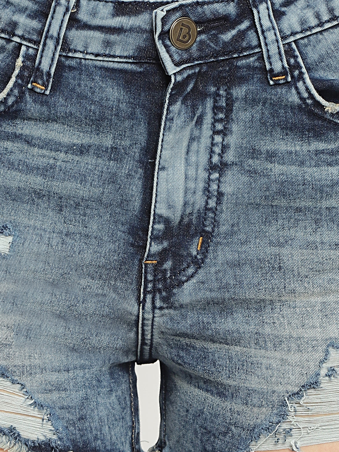 Women High Waist Mid Blue Side Tape Detail Denim Shorts