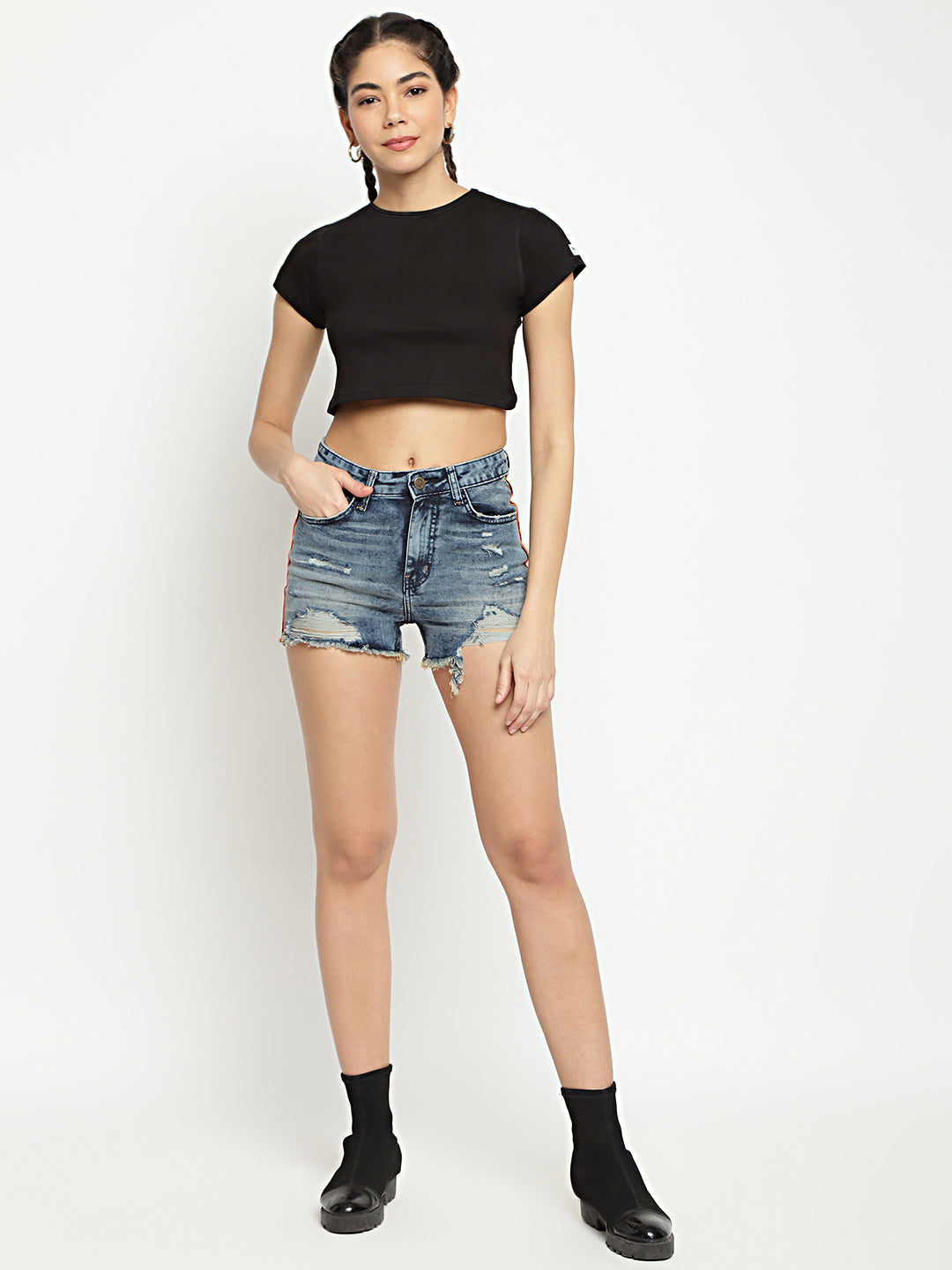 Women High Waist Mid Blue Side Tape Detail Denim Shorts