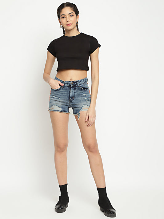 Women High Waist Mid Blue Side Tape Detail Denim Shorts