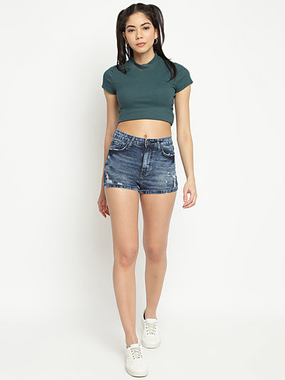 Women High Waist Mid Blue Distressed Denim Shorts