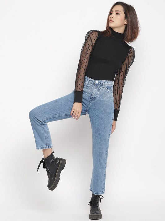 Women Light Blue Distressed Mom Fit Denim Jeans