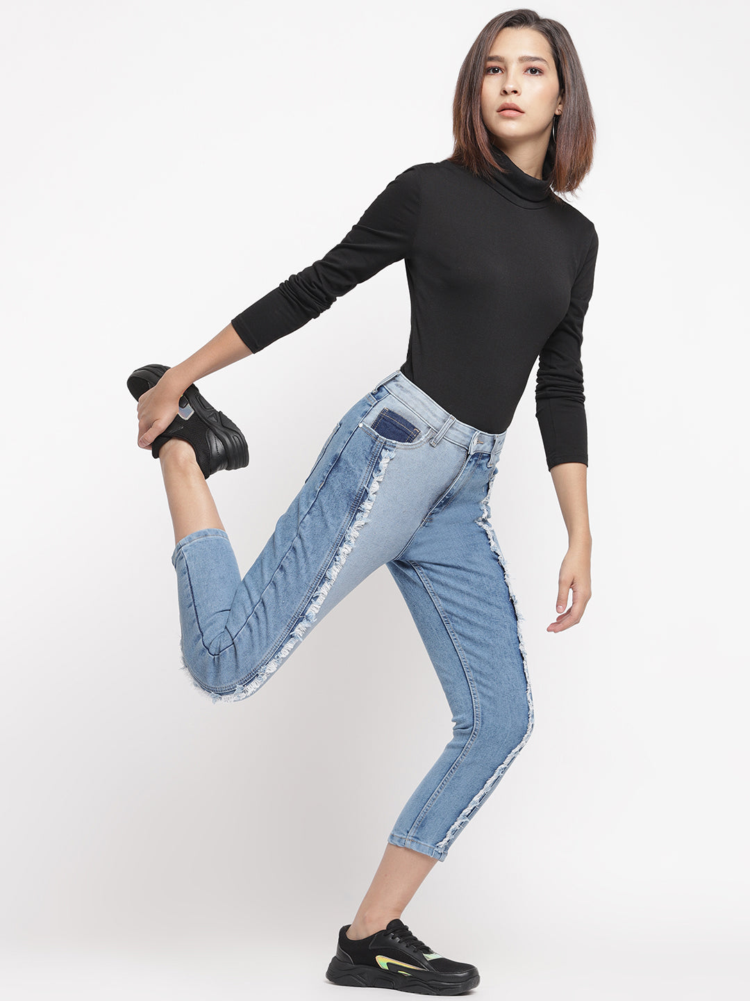 Women Cut And Sew Patched Denim Slim Fit Jeans