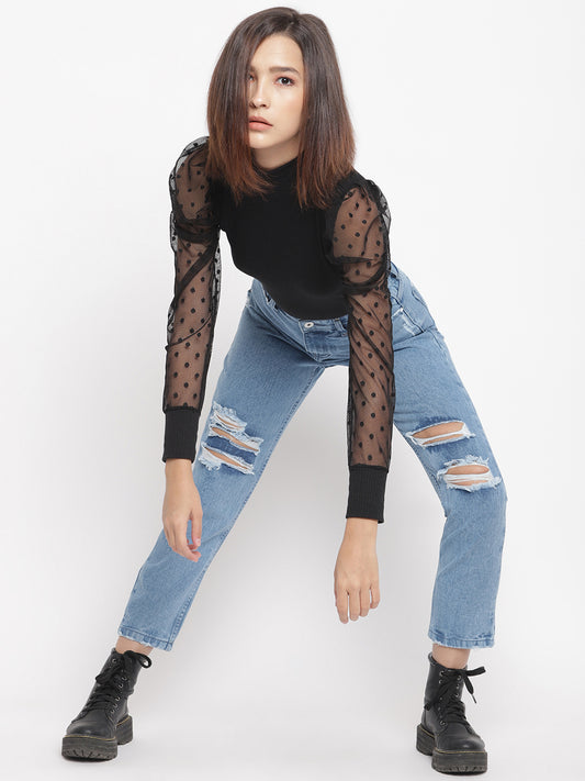 Women Mid Blue Distressed Boyfriend Fit Denim Jeans